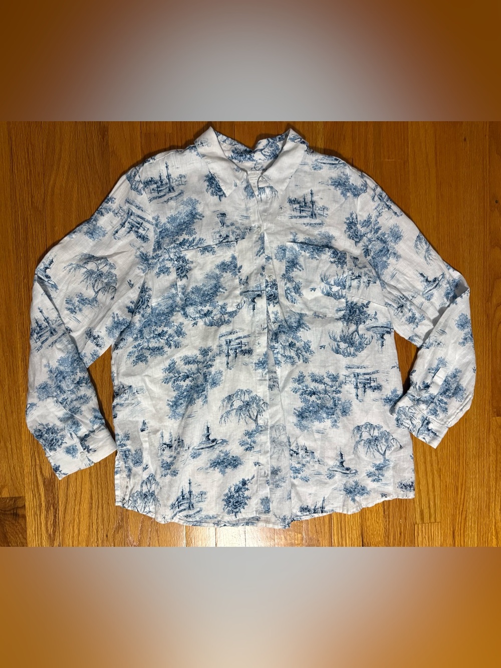 Charter Club Luxury 100% Linen Blue Toile Button Down Shirt Size XL
